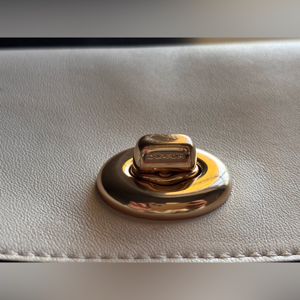 Coach wristlet wallet, gold turnlock, ivory, white